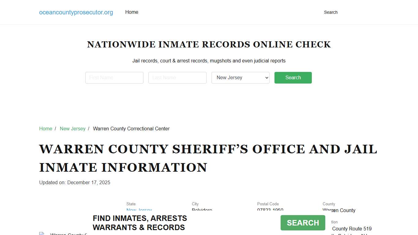 Warren County Sheriff, New Jersey, Jail Inmate Search